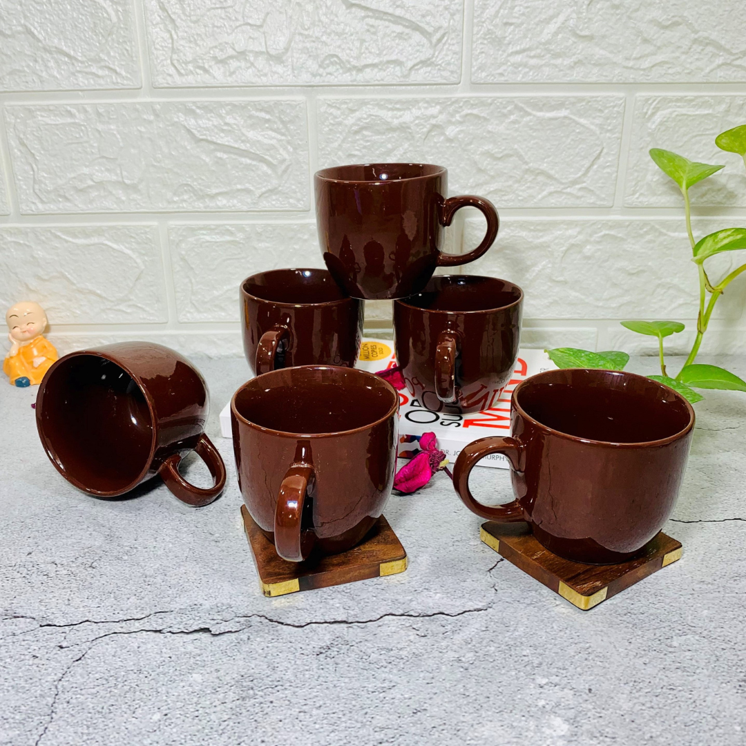 Homefrills Premuim Stoneware Chocolate Brown Solid Colour Ceramic Stylish Tea/Coffee Cups Set of 6